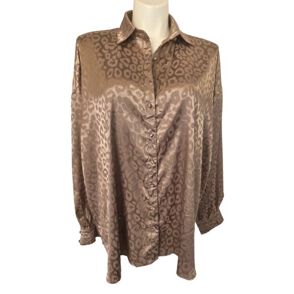 Koco & K London Y2K Leopard Jacquard Satin Blouse UK 20 US XL Taupe Gold Btn Up - Picture 4 of 11